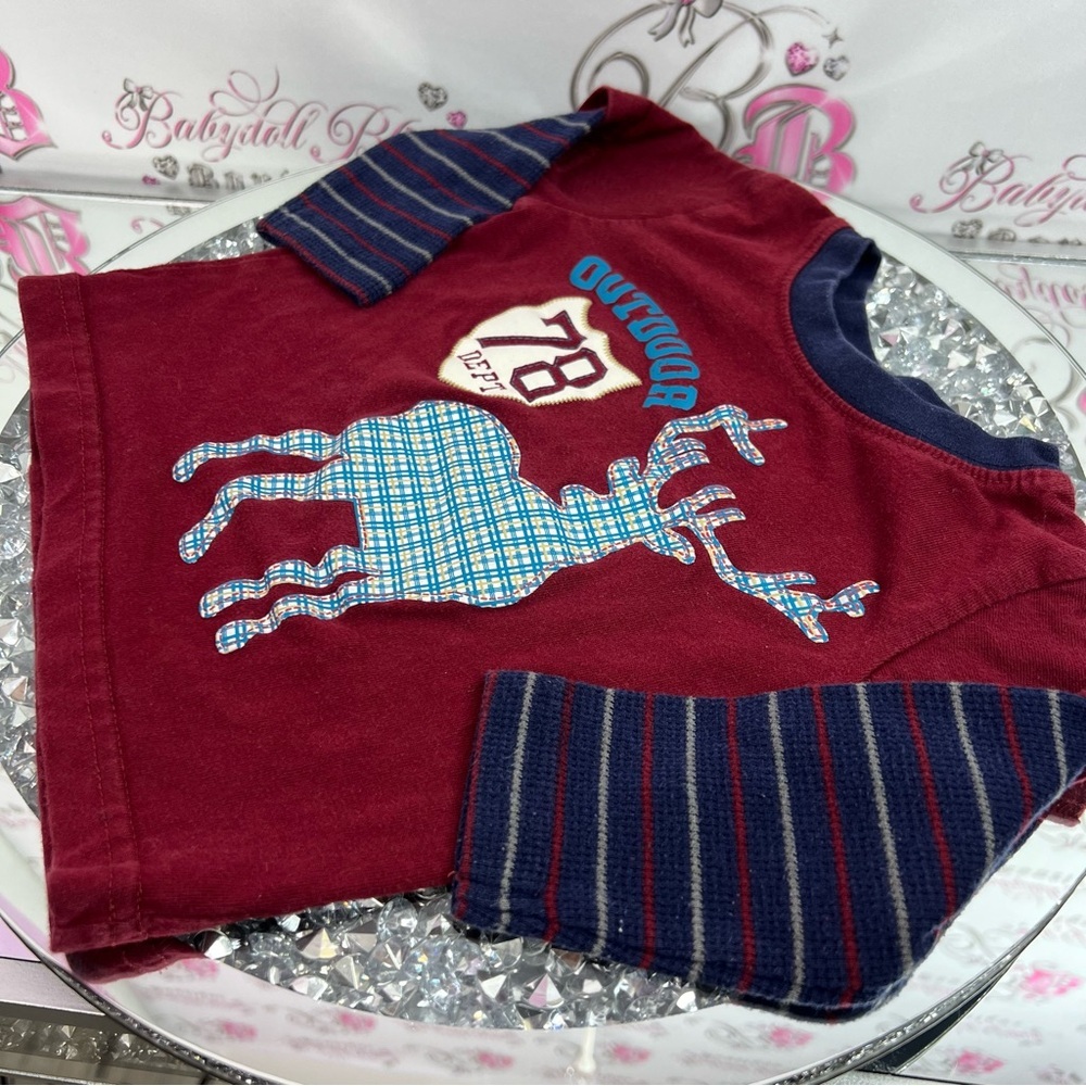 George Kids outdoor moose 🫎 cottage plaid stripes Maroon Deer Long Sleeve Tee - Picture 3 of 7
